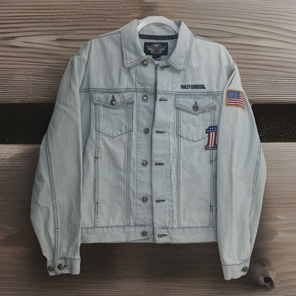 Harley Davidson An American Legend #1 Made USA Denim Jean Jacket Sz S Patches